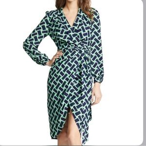 Diane von Furstenberg Carla Wrap Dress DVF Weave Vetiver 2 green navy geometric